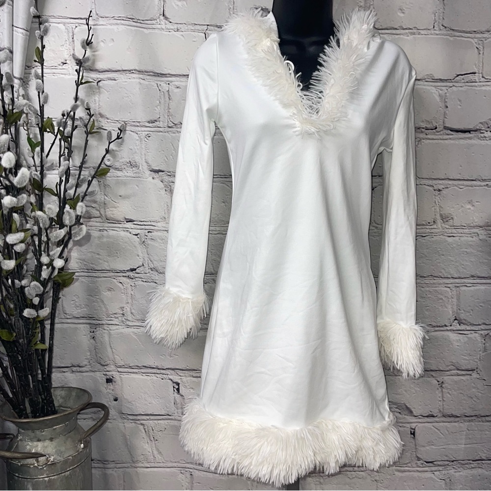 White Faux-Fur Trim V-Neck Dress